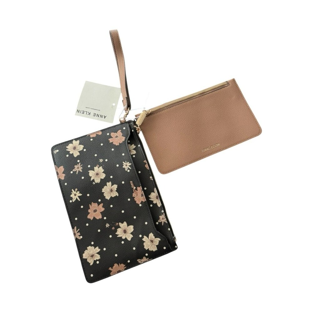 Anne Klein Black Floral Wristlet with Brown Zip Pouch set NWT